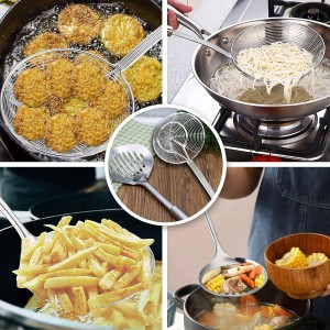 Multi Kitchen Utensil Stainless Steel Cooking Skimmer Slotted Fish Turner Spatula Spoon Colander Drain Water Filter Spoon Ladle Spider Strainer Skimmer Ladle for Cooking &Frying (2pcs)