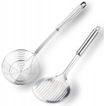 Multi Kitchen Utensil Stainless Steel Cooking Skimmer Slotted Fish Turner Spatula Spoon Colander Drain Water Filter Spoon Ladle Spider Strainer Skimmer Ladle for Cooking &Frying (2pcs)