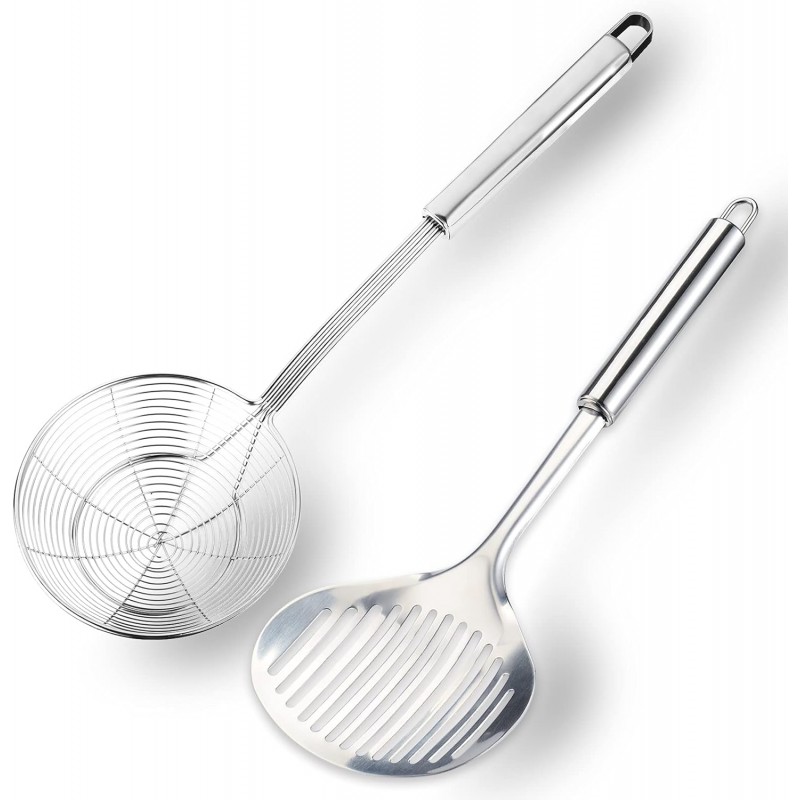 Multi Kitchen Utensil Stainless Steel Cooking Skimmer Slotted Fish Turner Spatula Spoon Colander Drain Water Filter Spoon Ladle Spider Strainer Skimmer Ladle for Cooking &Frying (2pcs)