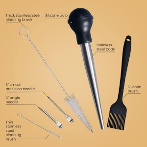 Turkey Baster, Stainless Steel Baster for Cooking with Marinade Injectors Syringe, Basting Brush, Thick Cleaning Brush & Thin Cleaning Brush