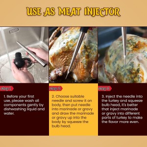 Turkey Baster, Stainless Steel Baster for Cooking with Marinade Injectors Syringe, Basting Brush, Thick Cleaning Brush & Thin Cleaning Brush