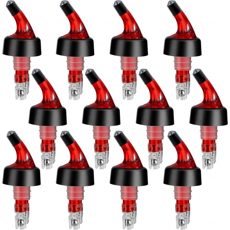 Automatic Measured Bottle Pourer - Quick Shot Spirit Liquor Pour Spouts with Dust Caps for Wine Cocktail Beverages - Ideal Home Bar Tools 1.5 oz / 45ml (Red, 12 Pack)