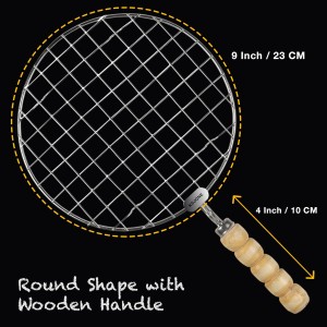 Stainless Steel Multi-Functional Wire Steaming Cooling and Baking Barbecue Rack Round Wire Roaster Rack/Papad Jali/Roti Grill Round Shape with Wooden Handle