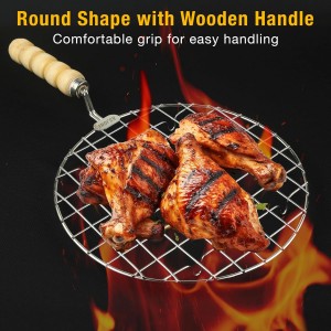 Stainless Steel Multi-Functional Wire Steaming Cooling and Baking Barbecue Rack Round Wire Roaster Rack/Papad Jali/Roti Grill Round Shape with Wooden Handle