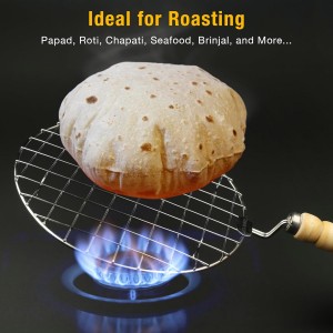 Stainless Steel Multi-Functional Wire Steaming Cooling and Baking Barbecue Rack Round Wire Roaster Rack/Papad Jali/Roti Grill Round Shape with Wooden Handle