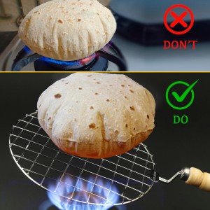 Stainless Steel Multi-Functional Wire Steaming Cooling and Baking Barbecue Rack Round Wire Roaster Rack/Papad Jali/Roti Grill Round Shape with Wooden Handle