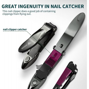 Nail Clippers with Catcher, No Splash Fingernail Toenail Clippers with Sharp Curved Blade and Glass Nail File, Wide Jaw Opening Stainless Steel Nail Cutter Trimmer for Seniors Adult Men Women