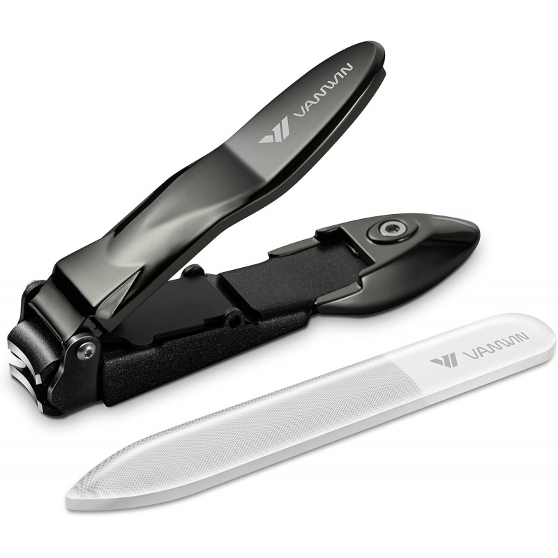 Nail Clippers with Catcher, No Splash Fingernail Toenail Clippers with Sharp Curved Blade and Glass Nail File, Wide Jaw Opening Stainless Steel Nail Cutter Trimmer for Seniors Adult Men Women