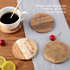 Wood Coasters for Drinks Tabletop Protection with Holder Set of 6, Acacia Wooden Coaster for Coffee Table Dining Table Round with Non-Slip Pad Cup Coaster for Home Christmas Decor 4 Inch