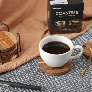 Wood Coasters for Drinks Tabletop Protection with Holder Set of 6, Acacia Wooden Coaster for Coffee Table Dining Table Round with Non-Slip Pad Cup Coaster for Home Christmas Decor 4 Inch