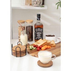 Wood Coasters for Drinks Tabletop Protection with Holder Set of 6, Acacia Wooden Coaster for Coffee Table Dining Table Round with Non-Slip Pad Cup Coaster for Home Christmas Decor 4 Inch