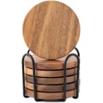 Wood Coasters for Drinks Tabletop Protection with Holder Set of 6, Acacia Wooden Coaster for Coffee Table Dining Table Round with Non-Slip Pad Cup Coaster for Home Christmas Decor 4 Inch
