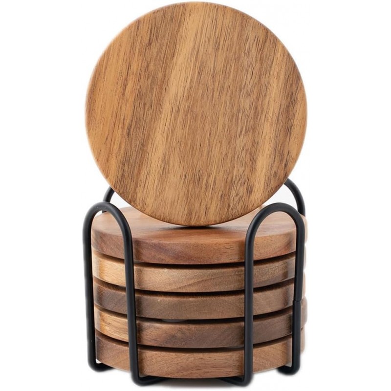 Wood Coasters for Drinks Tabletop Protection with Holder Set of 6, Acacia Wooden Coaster for Coffee Table Dining Table Round with Non-Slip Pad Cup Coaster for Home Christmas Decor 4 Inch
