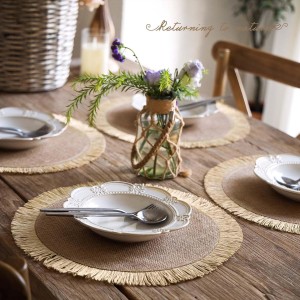 FunWheat Burlap Round Braided Placemats Set of 12 for Dining Tables 15 Inch Heat Resistant Jute Table Mats Farmhouse Woven Fabric Natural Place mats for Fall Decorations Indoor Outdoor(Beige)