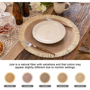 FunWheat Burlap Round Braided Placemats Set of 12 for Dining Tables 15 Inch Heat Resistant Jute Table Mats Farmhouse Woven Fabric Natural Place mats for Fall Decorations Indoor Outdoor(Beige)