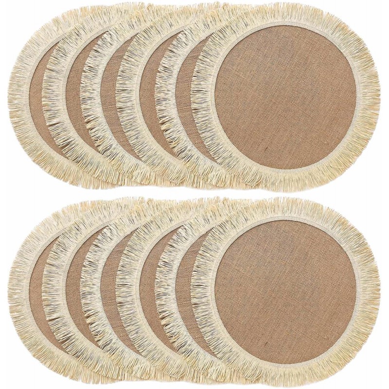 FunWheat Burlap Round Braided Placemats Set of 12 for Dining Tables 15 Inch Heat Resistant Jute Table Mats Farmhouse Woven Fabric Natural Place mats for Fall Decorations Indoor Outdoor(Beige)
