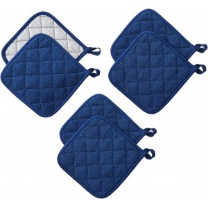 Kitchen Pot Holders Set Heat Resistant Pure Cotton Potholders Kit Trivets Large Coasters Hot Pads Terry Pot Holders for Everyday Cooking and Baking by 7 x 7 Inch Set of 6 Dark Blue