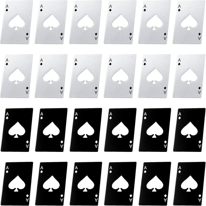 Chumia Poker Card Bottle Openers Stainless Steel Poker Card Beer Ace Bottle Cap Openers for Wedding Birthday Party Bridal Shower Table Tools Supplies(Silver, Black,24 Pieces)