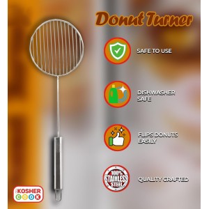 The Kosher Cook Donut Turner Oil Skimmer Spoon, Stainless Steel Slotted Spoon, Large Food Grade Spider Strainer for Draining and Frying