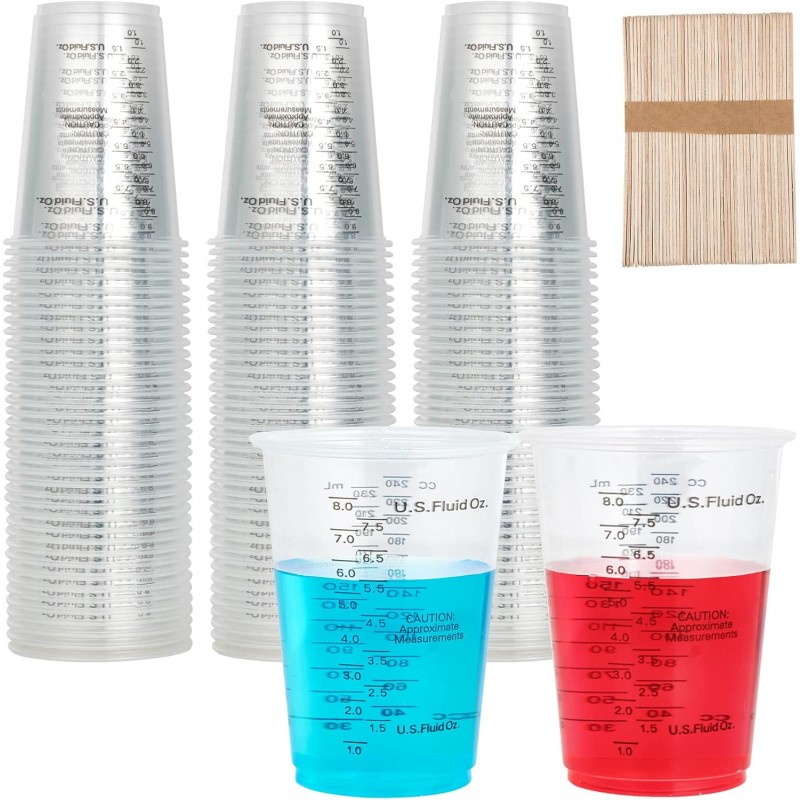 100 PACK Plastic Measuring Cups, 10 oz Disposable Mixing Cups with 100 Wooden Mixing Sticks, Can Be Used for Epoxy Resin, Liquid Measuring, Paint, Cooking and Baking