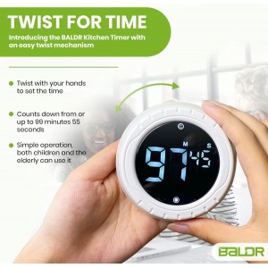 BALDR Digital Kitchen Timer with Rotating Desk Display, Strong Magnet, Count Up/Down & Beeping Alerts - Productivity Timer & Magnetic Timers for Classroom and Kitchen (White)