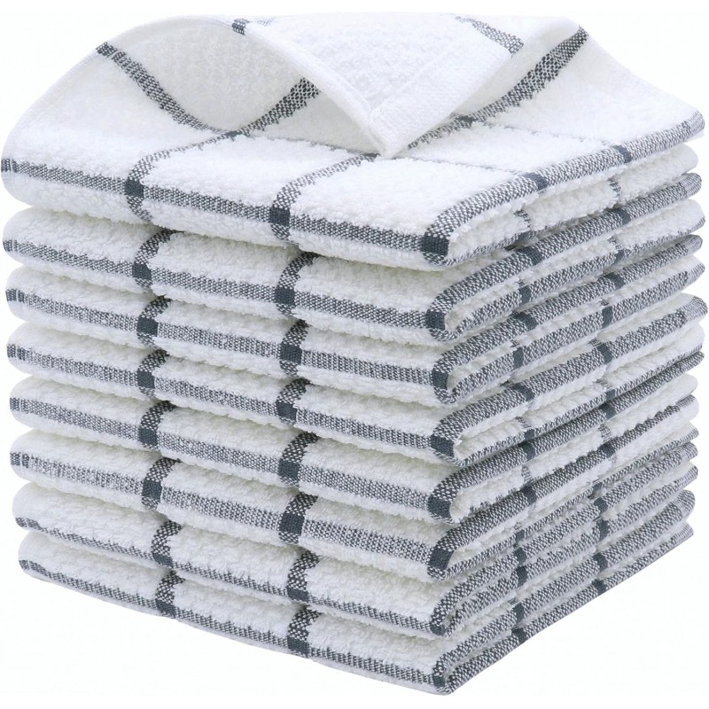 Cotton Grid Dish Cloths, Terry Cleaning Rags, 12 x 12 Inches, Light and Soft, Quick Drying Dish Rags, 8pc/Set (Grey)