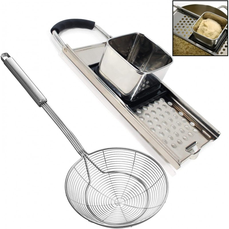 Premium Grade Stainless Steel Spaetzle Maker with Comfort Grip Handle, Stainless Steel Spider Strainer Skimmer Spoon Pasta Strainer, Homemade Traditional German Egg Noodle Dumpling Making Tool Set