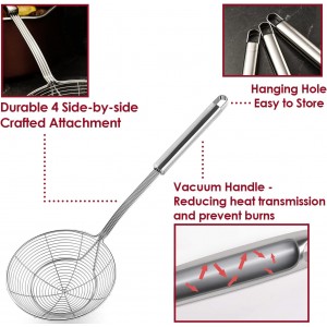 Stainless Steel Spider Strainer Skimmer Spoon For Frying and Cooking - Set of 3 Solid Wire Asian Strainer Ladle Pasta Strainer with Long Handle, Professional Kitchen Skimmer Ladle