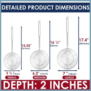 Stainless Steel Spider Strainer Skimmer Spoon For Frying and Cooking - Set of 3 Solid Wire Asian Strainer Ladle Pasta Strainer with Long Handle, Professional Kitchen Skimmer Ladle