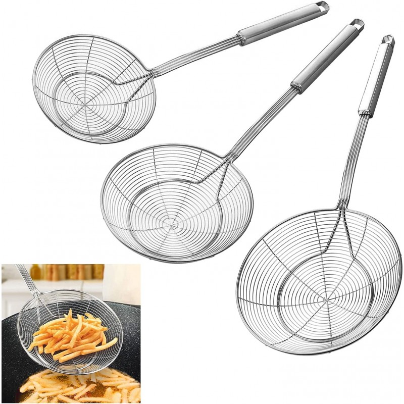 Stainless Steel Spider Strainer Skimmer Spoon For Frying and Cooking - Set of 3 Solid Wire Asian Strainer Ladle Pasta Strainer with Long Handle, Professional Kitchen Skimmer Ladle