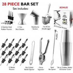 JoyTable Bar Set Cocktail Shaker Set, Stainless Steel Mixology Bartender Kit, 28PC Cocktail Kit, Silver Cocktail Set, Bar Tools: 30oz Martini Shaker, Muddler, Bar Kit Cocktail Book, Jigger and Pourers