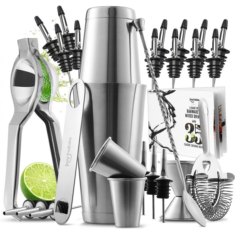 JoyTable Bar Set Cocktail Shaker Set, Stainless Steel Mixology Bartender Kit, 28PC Cocktail Kit, Silver Cocktail Set, Bar Tools: 30oz Martini Shaker, Muddler, Bar Kit Cocktail Book, Jigger and Pourers