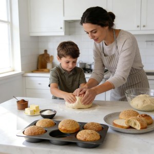 6 Cup Straight Side Jumbo English Muffin Cupcake Pan with Lid, Nonstick Hamburger Burger Bun Mold Muffin Pan for Baking Egg Sandwich Frittata Cinnamon Roll Focaccia Quiche Pancake