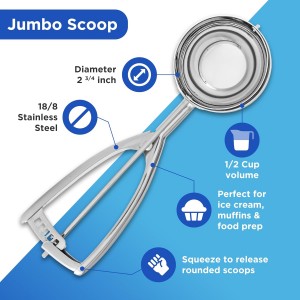 Jenaluca Jumbo Ice Cream Scoop - Cupcake and Muffin Scooper - 1/2 Cup Disher Size #8 scooper for icecream, batter & food portions