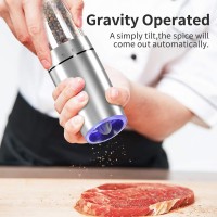 Electric Salt and Pepper Grinder set of 2, Automatic Salt and Pepper Mill Grinder, Adjustable Roughness, Battery Powered with Blue LED Light, Stainless Steel with One Hand Operation (Sliver)