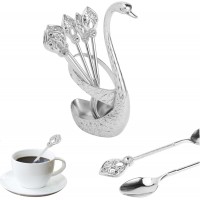 4.8 in Coffee Spoon Set With Holder, Swan Spoon And Fork Holder, Gold Durable Spoons Coffee Station Storage Organizer For Home Kitchen Christmas Universal Gift(Silver)