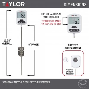 Taylor Programmable Digital Candy and Deep Fry Thermometer with Green Light Alert Display, Long Stem, and Adjustable Pan Clip, White