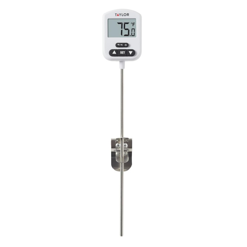 Taylor Programmable Digital Candy and Deep Fry Thermometer with Green Light Alert Display, Long Stem, and Adjustable Pan Clip, White