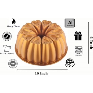 Heart Shape Aluminum Cake Pan, Titanium Coating, Non-Stick, 12 Cups, Heavy Duty, Gifts for Mom, Molded Cake Pan, 10 Inch Baking Mold, Cast Aluminum Fluted Tube Pan, Easy to Clean (Gold)