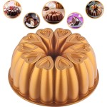 Heart Shape Aluminum Cake Pan, Titanium Coating, Non-Stick, 12 Cups, Heavy Duty, Gifts for Mom, Molded Cake Pan, 10 Inch Baking Mold, Cast Aluminum Fluted Tube Pan, Easy to Clean (Gold)