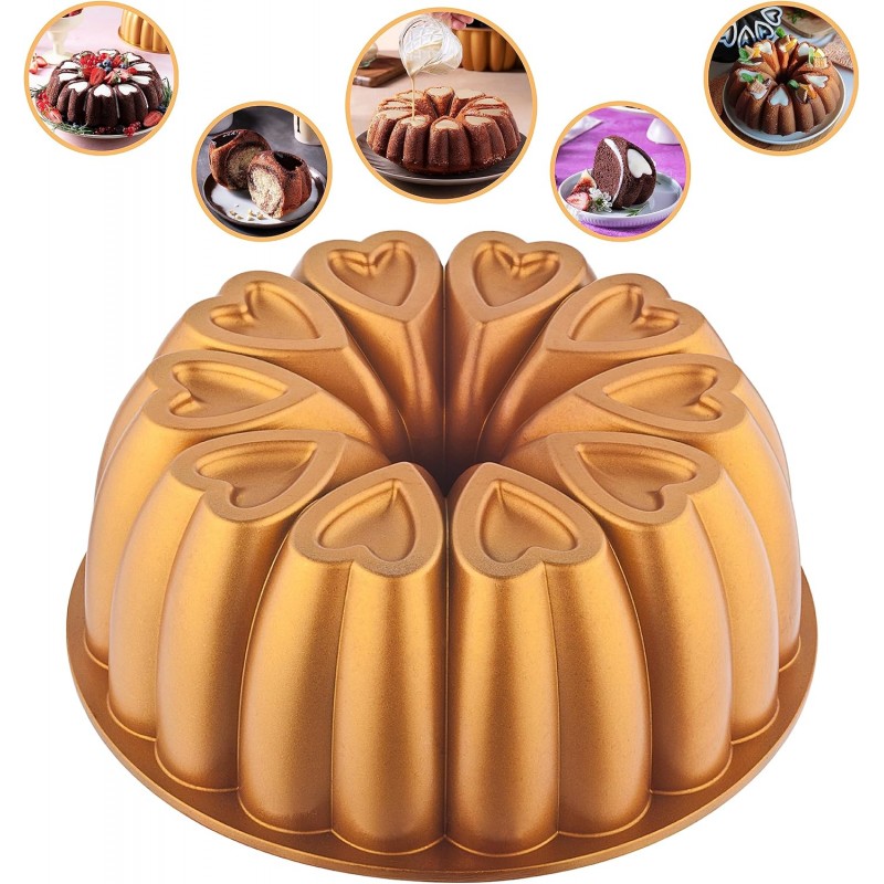 Heart Shape Aluminum Cake Pan, Titanium Coating, Non-Stick, 12 Cups, Heavy Duty, Gifts for Mom, Molded Cake Pan, 10 Inch Baking Mold, Cast Aluminum Fluted Tube Pan, Easy to Clean (Gold)