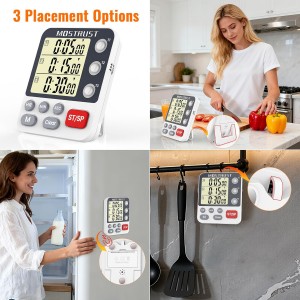 Digital Dual Kitchen Timer, 3 Channels Countdown Triple Timer for Cooking, Magnetic Memory-Preset Large Display Adjustable Alarm Volume, Multi Times Management, 3A Battery Included, White