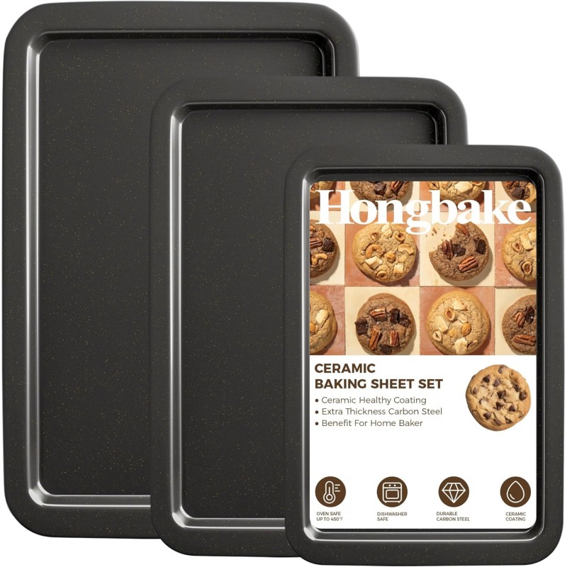 HONGBAKE Ceramic Baking Sheet Pan Set, Cookie Sheet for Oven, Bakeware Sets with Wider Grips, 3 Pack Half/Jelly Roll/Quarter Baking Tray, Premium, Dishwasher Safe - Dark Grey