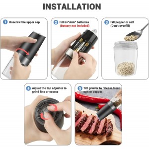 Gravity Electric Salt and Pepper Grinder Set, Battery Powered LED Light One Hand Automatic Operation, Adjustable Coarseness Mill Grinders Shakers Black (A.Black 2p)