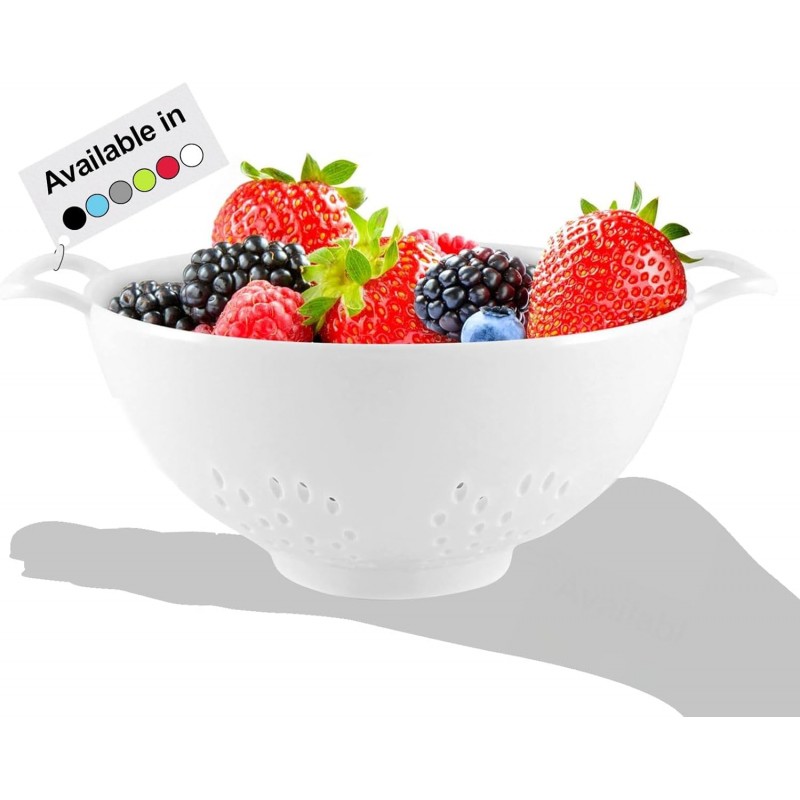Meadow Lane 6-inch Small Colander, BPA-Free, Dishwasher Safe, Double Handles, Compact Food Strainer for Berries, Veggies and Pasta, 3-Cup Capacity, Smooth White