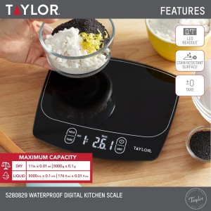 Taylor Waterproof Digital Kitchen Scale, 11 pounds, Black