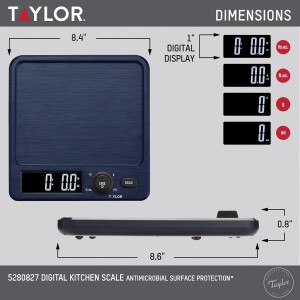 Taylor Digital Kitchen Scale with Antimicrobial Surface Plastic Body Weighs Up to 11 pounds Capacity with Hold and Tare Functions and Backlight, Navy