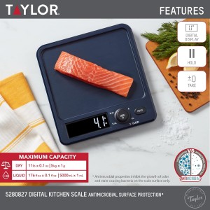 Taylor Digital Kitchen Scale with Antimicrobial Surface Plastic Body Weighs Up to 11 pounds Capacity with Hold and Tare Functions and Backlight, Navy