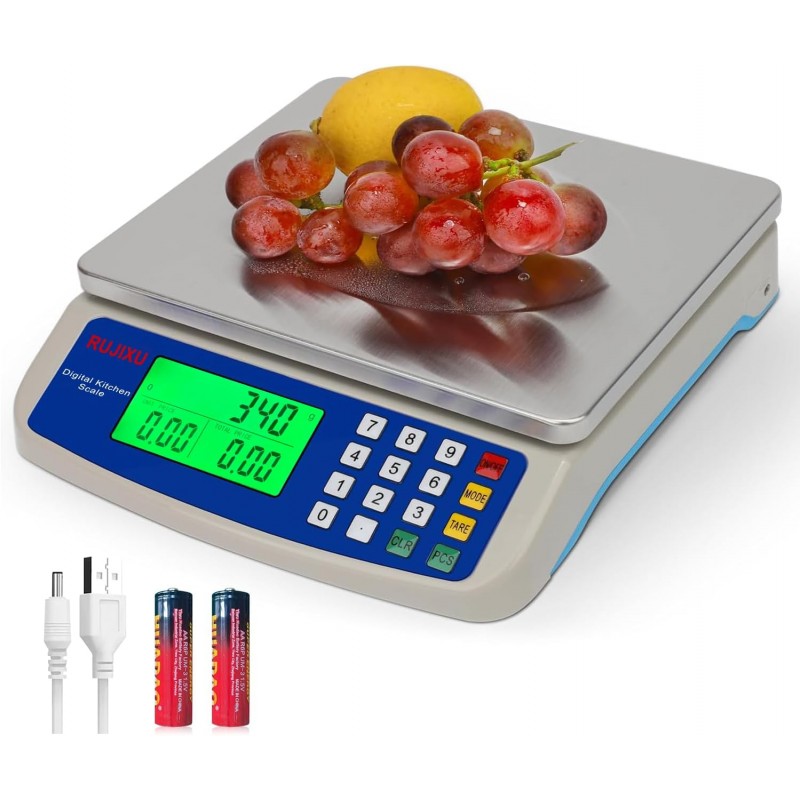 Large Digital Kitchen Scale 30KG Commercial Food Scale 66LB for Baking Bread Meat Stainless Steel Price Computing Scale LCD Display,Prep Counting Scale for Parts and Coins Adapter Included