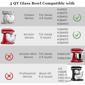 Glass Mixer Bowl For Kitchenaid Tilt-Head Stand Mixers 4.5-5 Quart, 5 qt Mixing Bowl Replacement For Kitchen aid With Measurement Markings,Handle